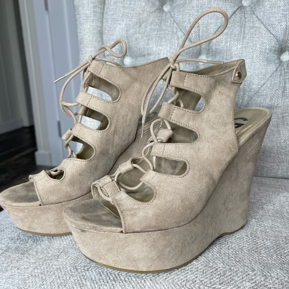 G By Guess Womens Tan Wedge Lace-Up Dress Booties 8.5 Vegan Suede - Picture 1 of 4